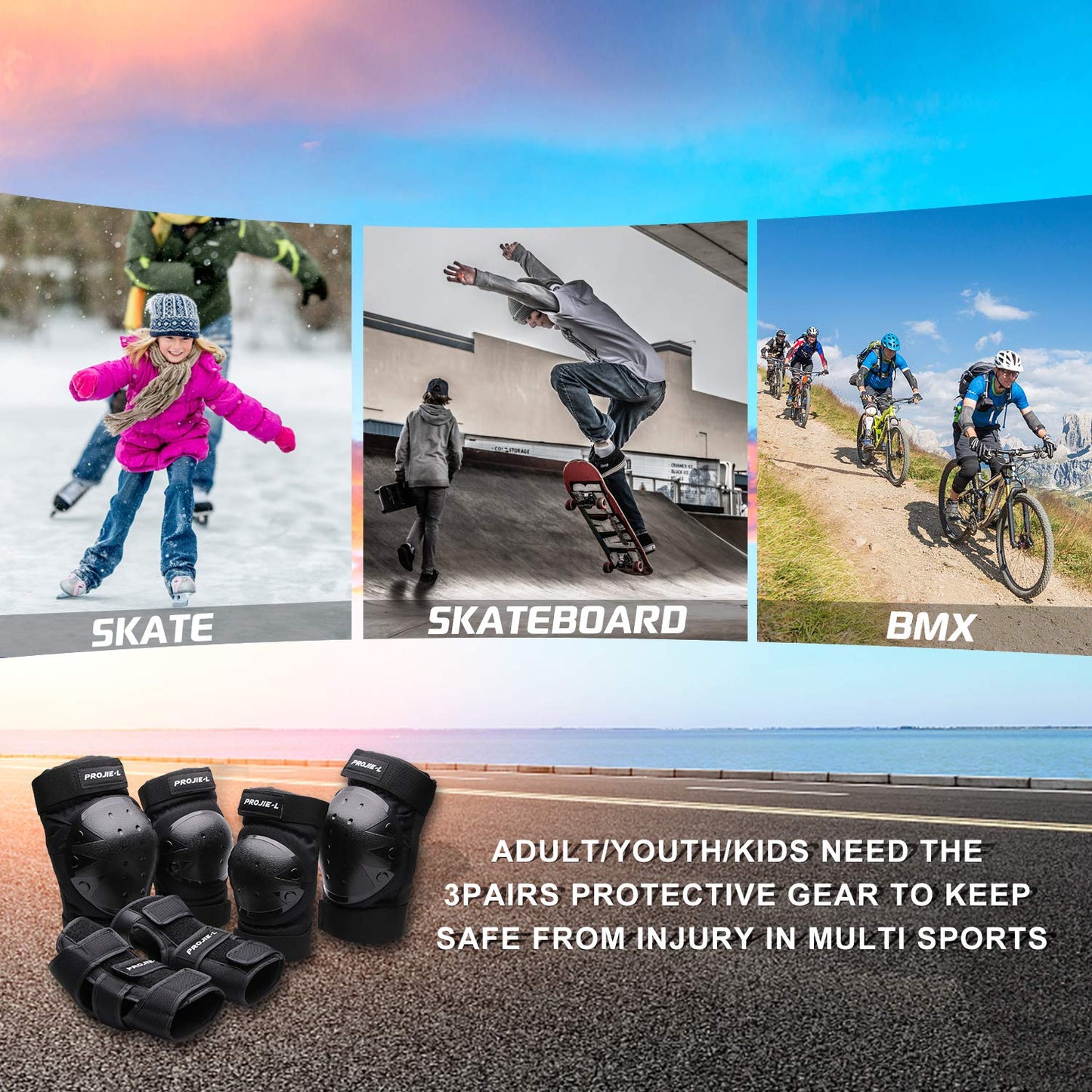Protective Gear Set for Adult/Youth Knee Pads Elbow Pads Wrist Guards for Skateboarding Cycling Bike BMX Bicycle Scootering 6Pcs