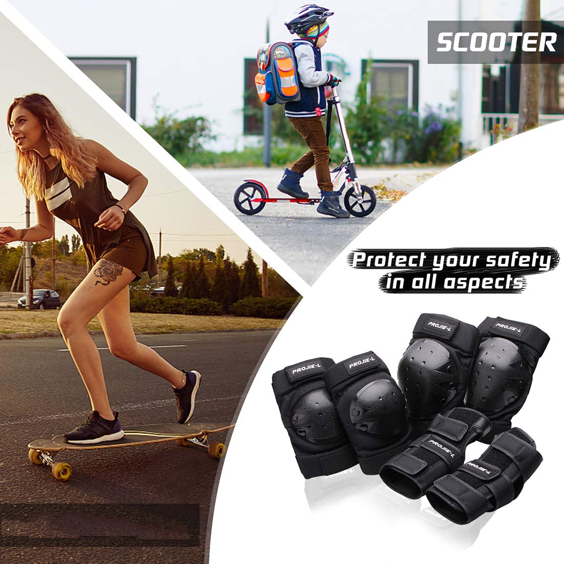Protective Gear Set for Adult/Youth Knee Pads Elbow Pads Wrist Guards for Skateboarding Cycling Bike BMX Bicycle Scootering 6Pcs