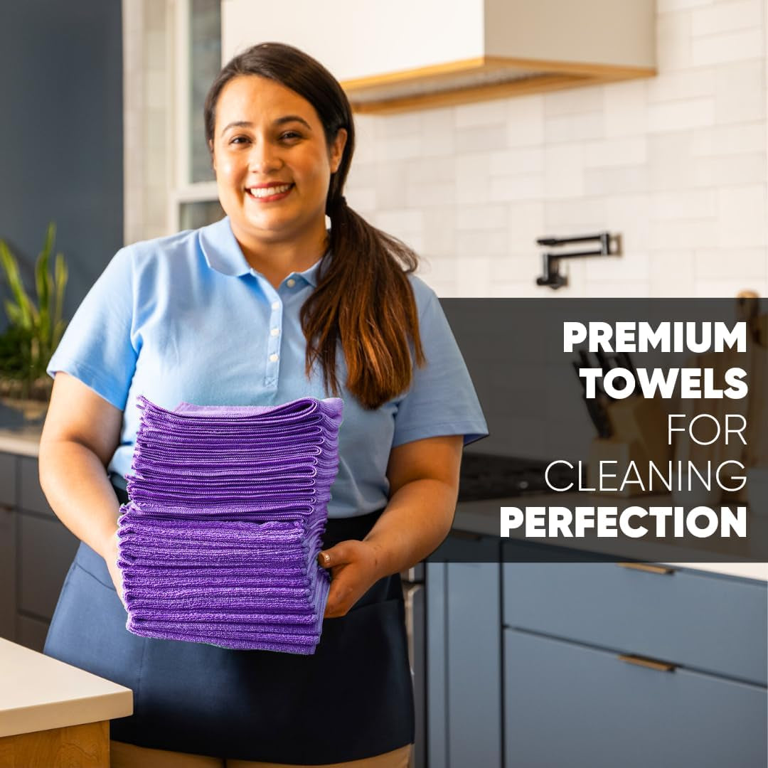 12" X 12" Buff Pro Multi-Surface Microfiber Cleaning Cloths | Purple - 12 Pack | Premium Microfiber Towels for Cleaning Glass, Kitchens, Bathrooms, Automotive, Supplies & Products