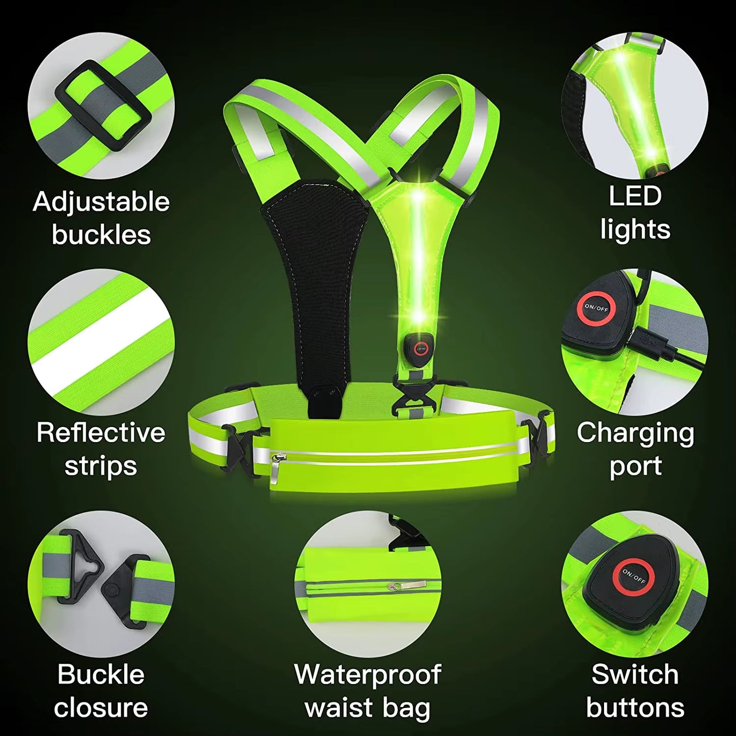 LED Reflective Vest Night Running Vest Glowing Reflector Straps Safety Vest Cycling Vest Warning Lights Reflective Vest Belt
