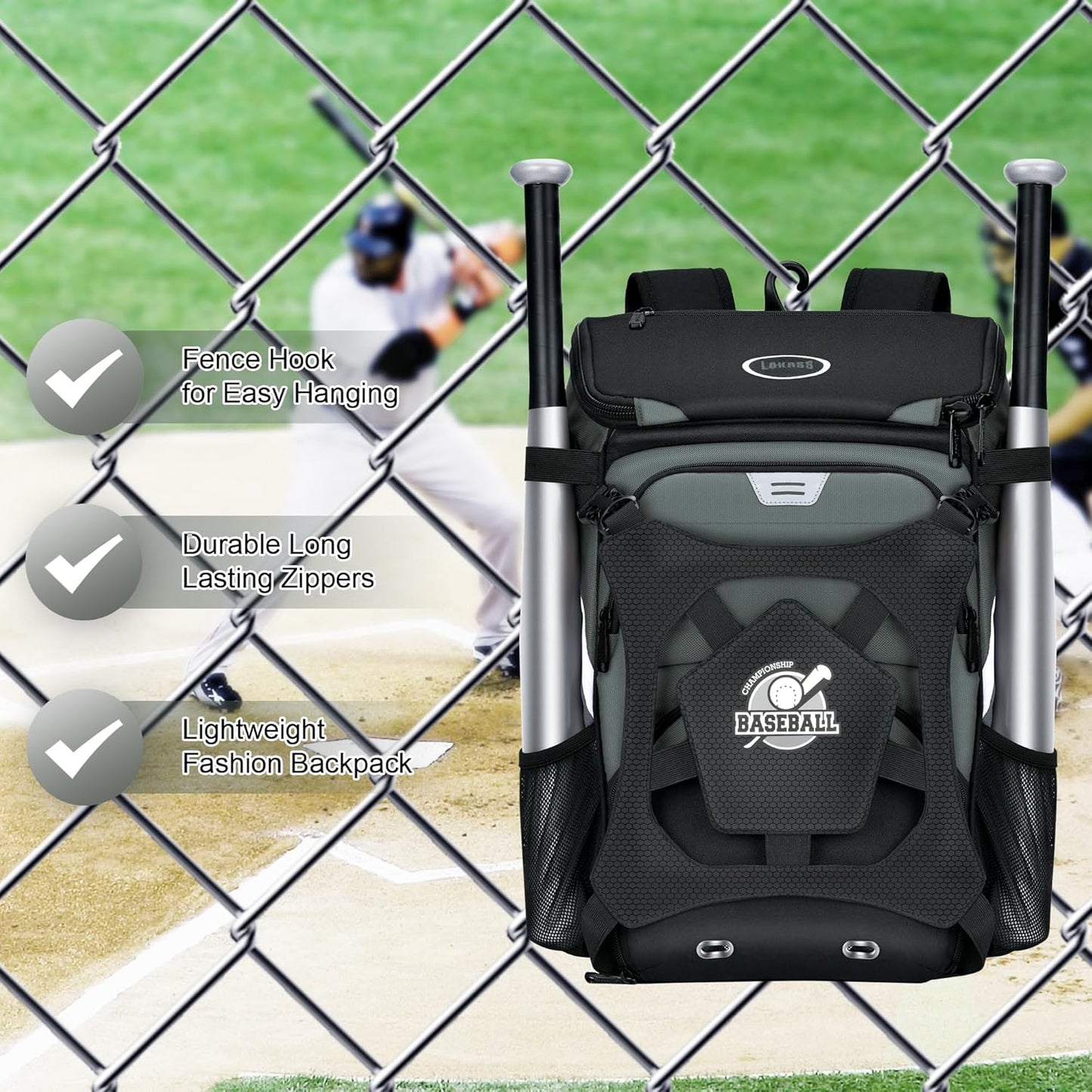 Baseball Backpack for Adult and Youth, Large Capacity Lightweight Softball Bag with Shoe Compartment and Fence Hook for Tball Bat & Equipment, Waterproof for Helmet, Gloves
