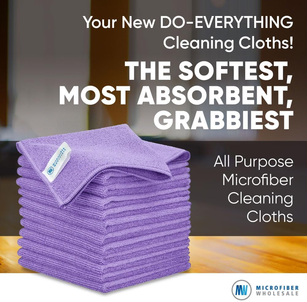 12" X 12" Buff Pro Multi-Surface Microfiber Cleaning Cloths | Purple - 12 Pack | Premium Microfiber Towels for Cleaning Glass, Kitchens, Bathrooms, Automotive, Supplies & Products