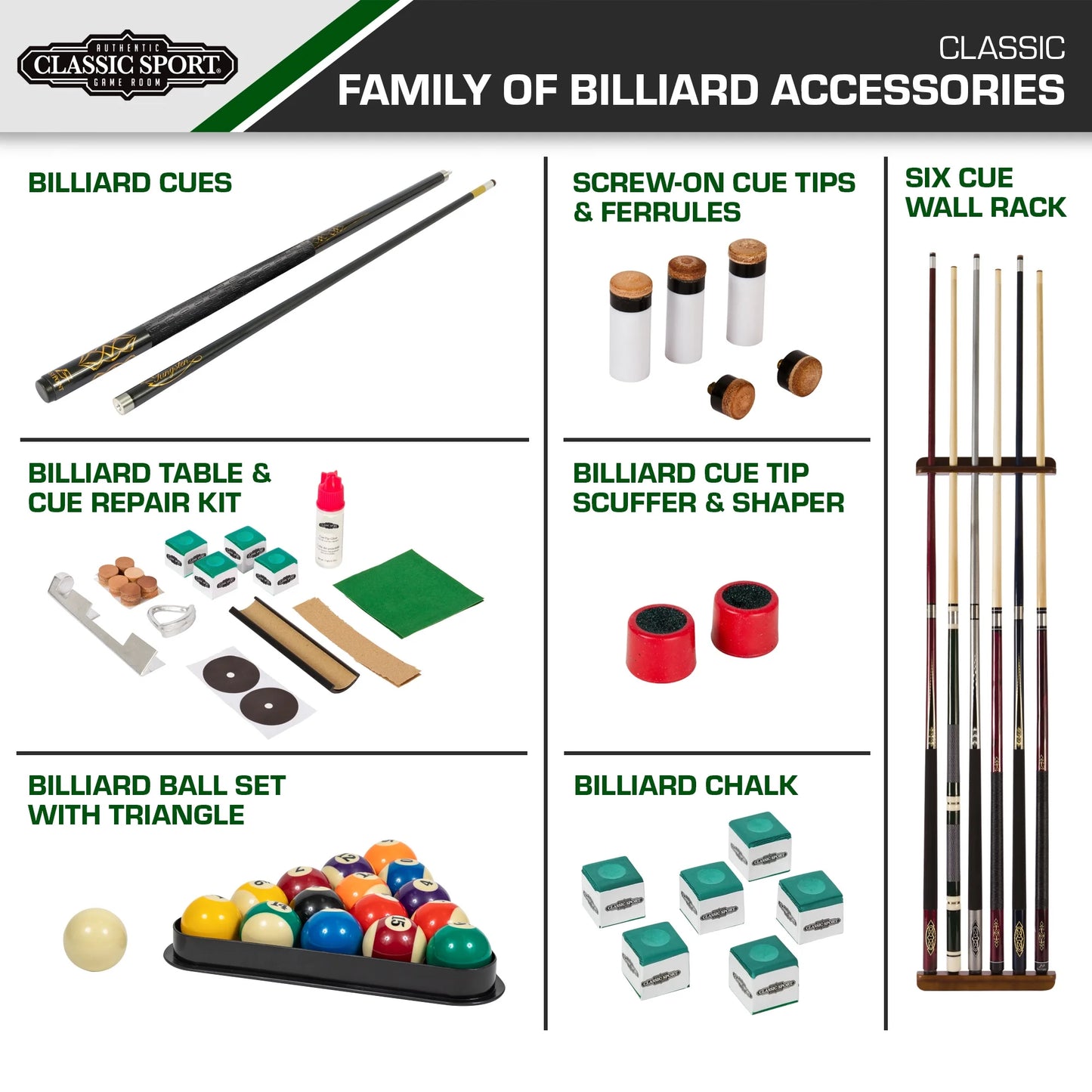 Classic Sport Deluxe Billiard Pool Table & Leather Tip Pool Cue Stick Repair Kit, 0.24 LBS