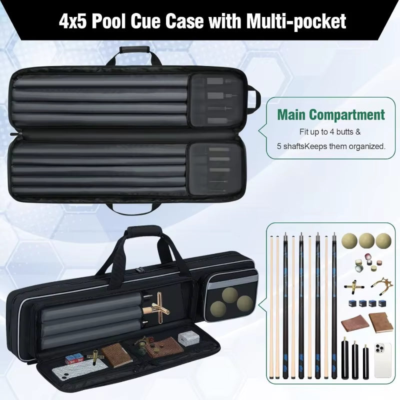 Pool Cue Case 4X5, Soft Padded with Multi-Pocket for 4 Butts and 5 Shafts, Pool Stick Case with Shoulder Straps for Pool Cue