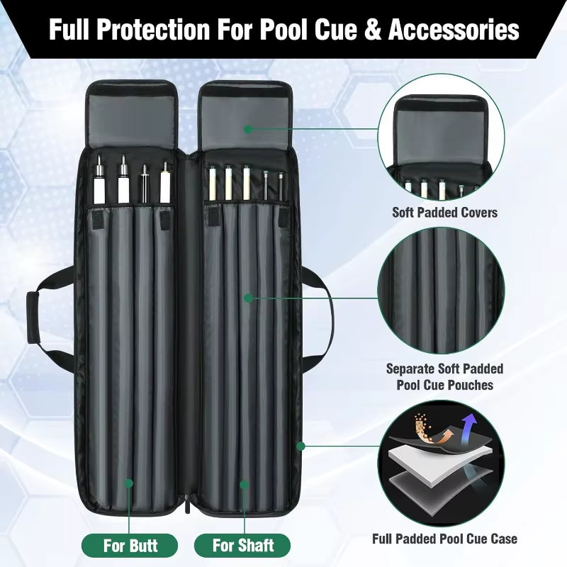 Pool Cue Case 4X5, Soft Padded with Multi-Pocket for 4 Butts and 5 Shafts, Pool Stick Case with Shoulder Straps for Pool Cue