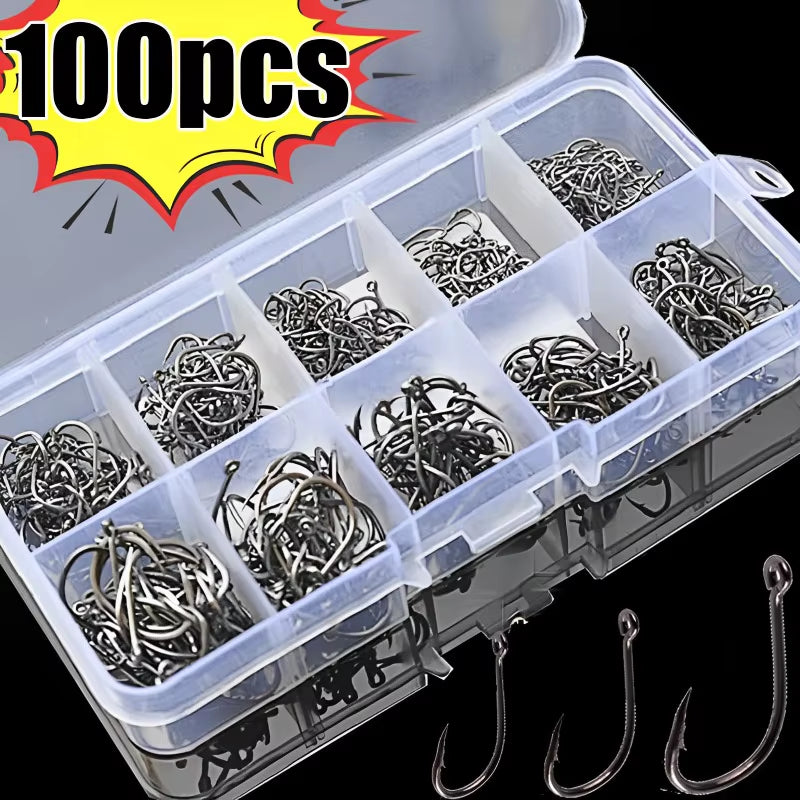 100Pcs Fishing Hooks Set Carbon Steel Single Circle Fishing Hook Fly Fishing Jip Barbed Carp Hooks Sea Tackle Accessories