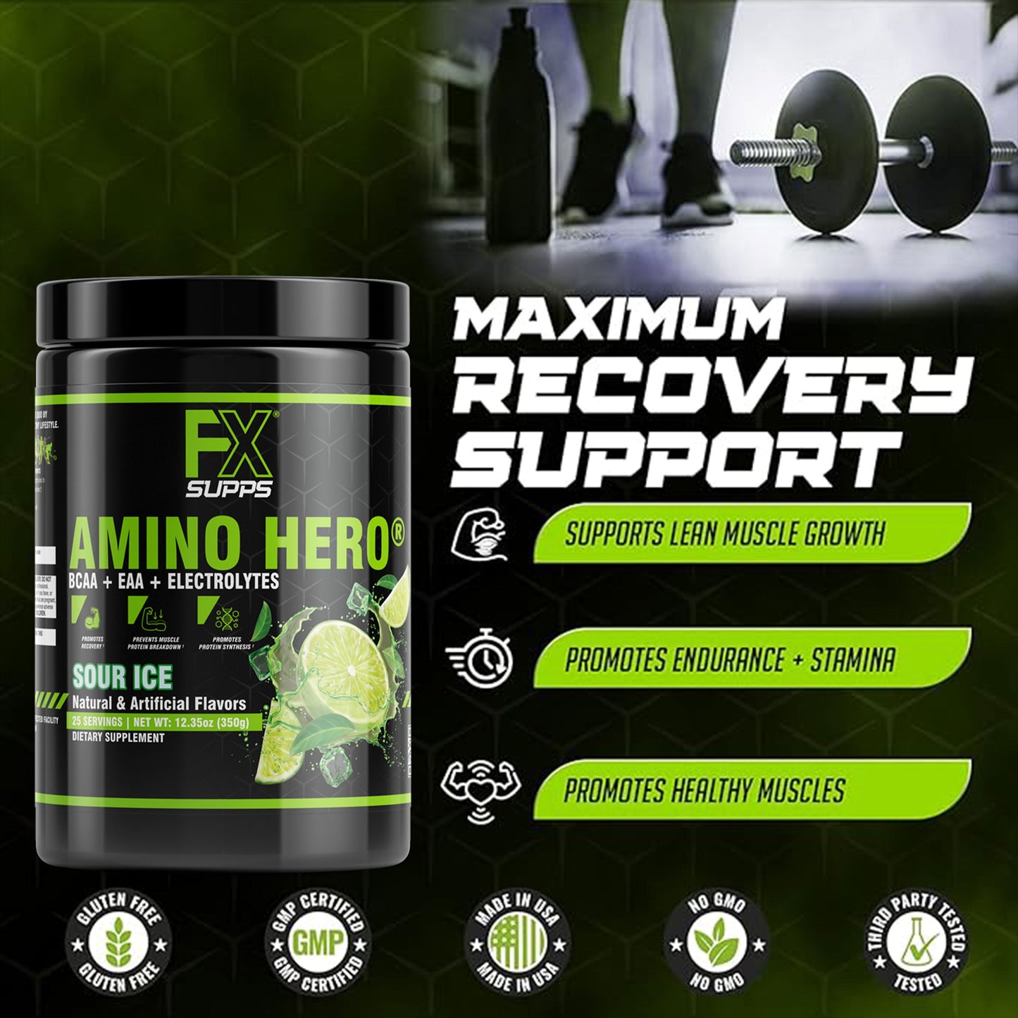 FX Supps Amino Hero BCAA Amino Acids Intra-Workout Powder, Sour Ice (Lemon Lime), 25 Servings