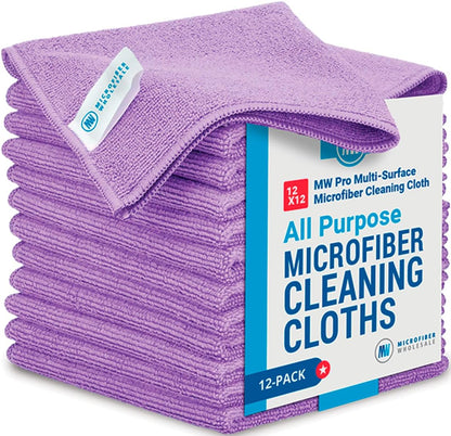 12" X 12" Buff Pro Multi-Surface Microfiber Cleaning Cloths | Purple - 12 Pack | Premium Microfiber Towels for Cleaning Glass, Kitchens, Bathrooms, Automotive, Supplies & Products