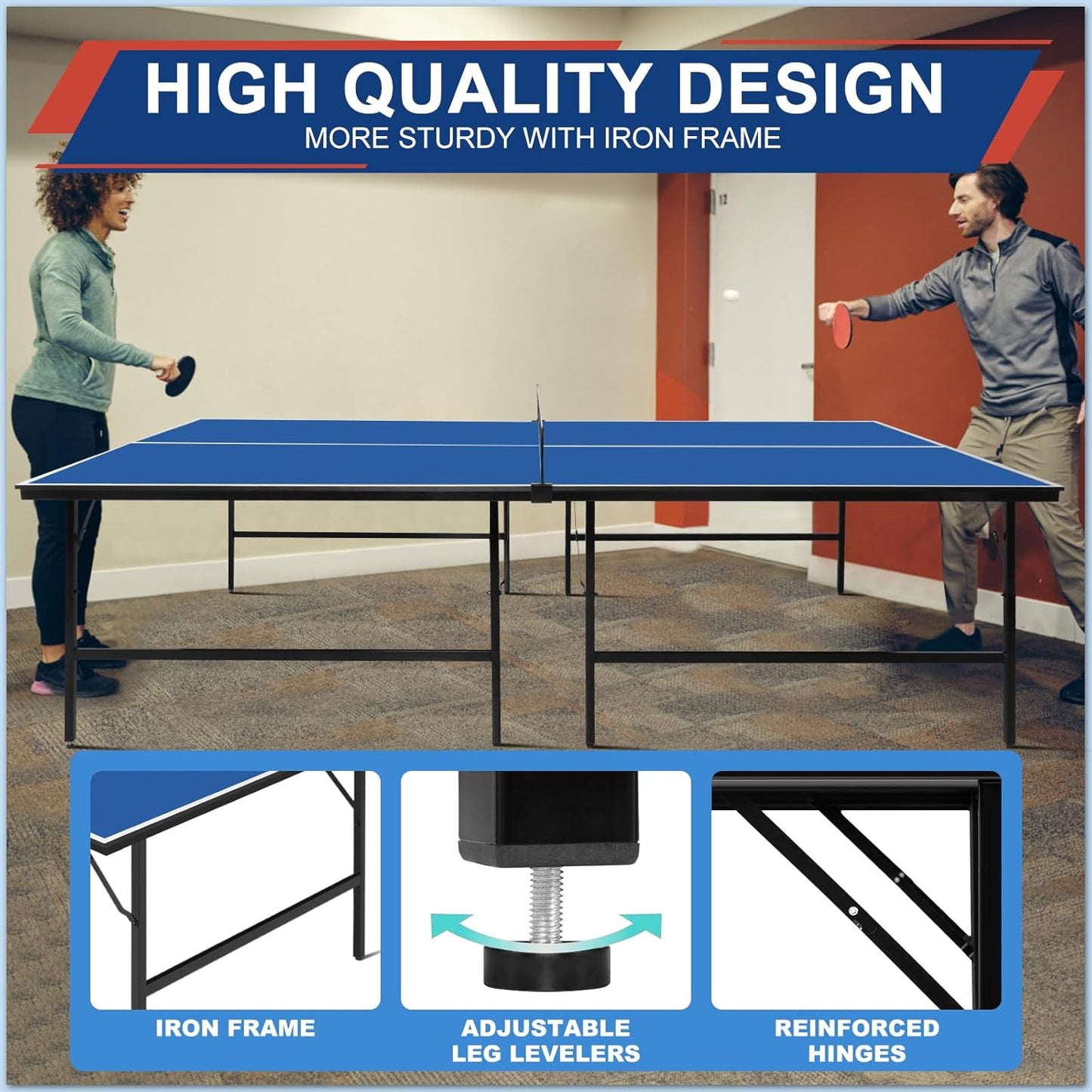 Ping Pong Table Set for Outdoor and Indoor, 9FT Foldable Table Tennis Table with Net, 2 Paddles, 2 Balls, Steel Outdoor Ping Pong Net Set & Frame, Multi Use Conference Table Dining Table