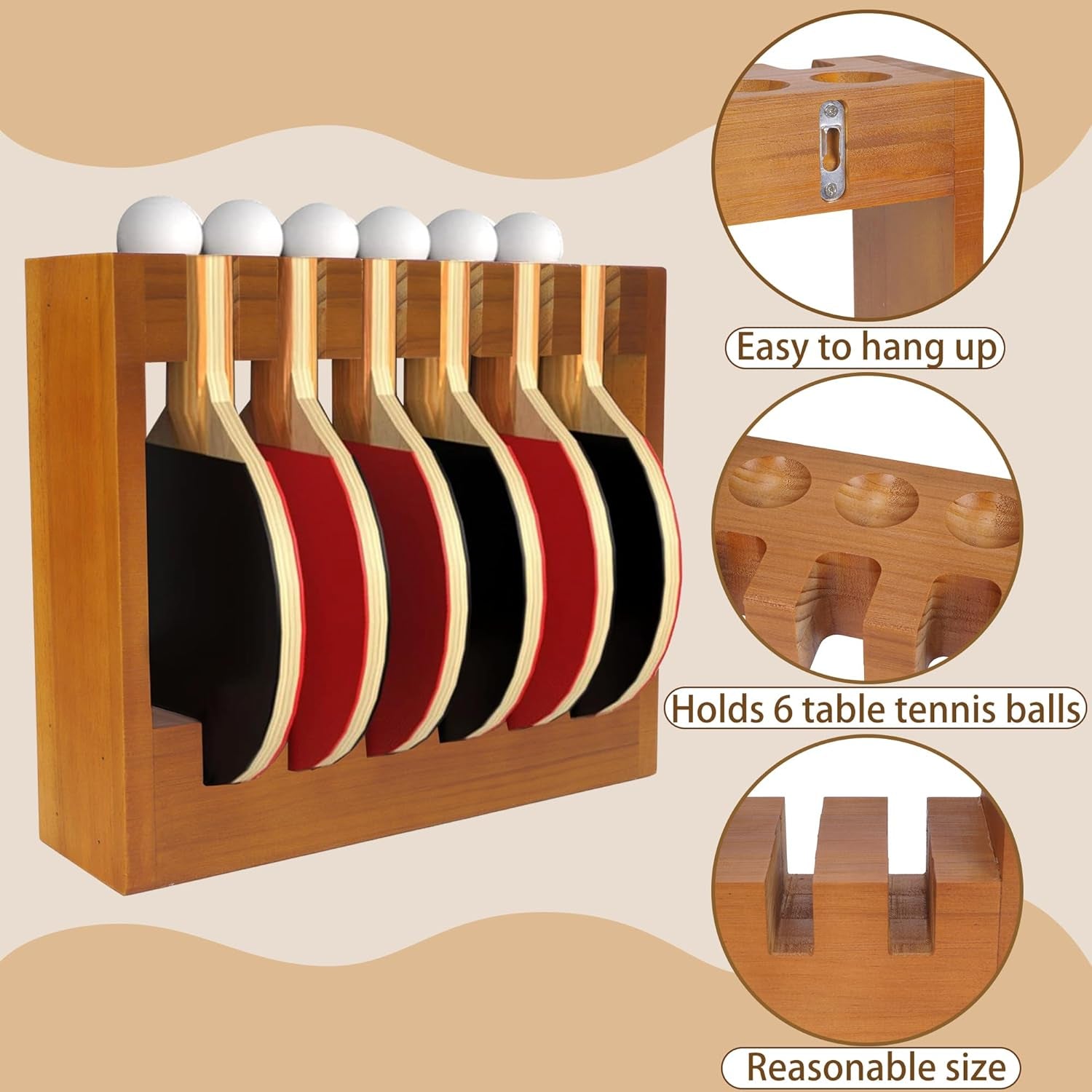Ping Pong Paddle Holder - Table Tennis Racket Display Wall Mount Storage Rack Holds 6 Paddles and Balls - Accessories Organizer for Bar Room, Game Room, Office, Garage