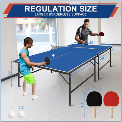 Ping Pong Table Set for Outdoor and Indoor, 9FT Foldable Table Tennis Table with Net, 2 Paddles, 2 Balls, Steel Outdoor Ping Pong Net Set & Frame, Multi Use Conference Table Dining Table