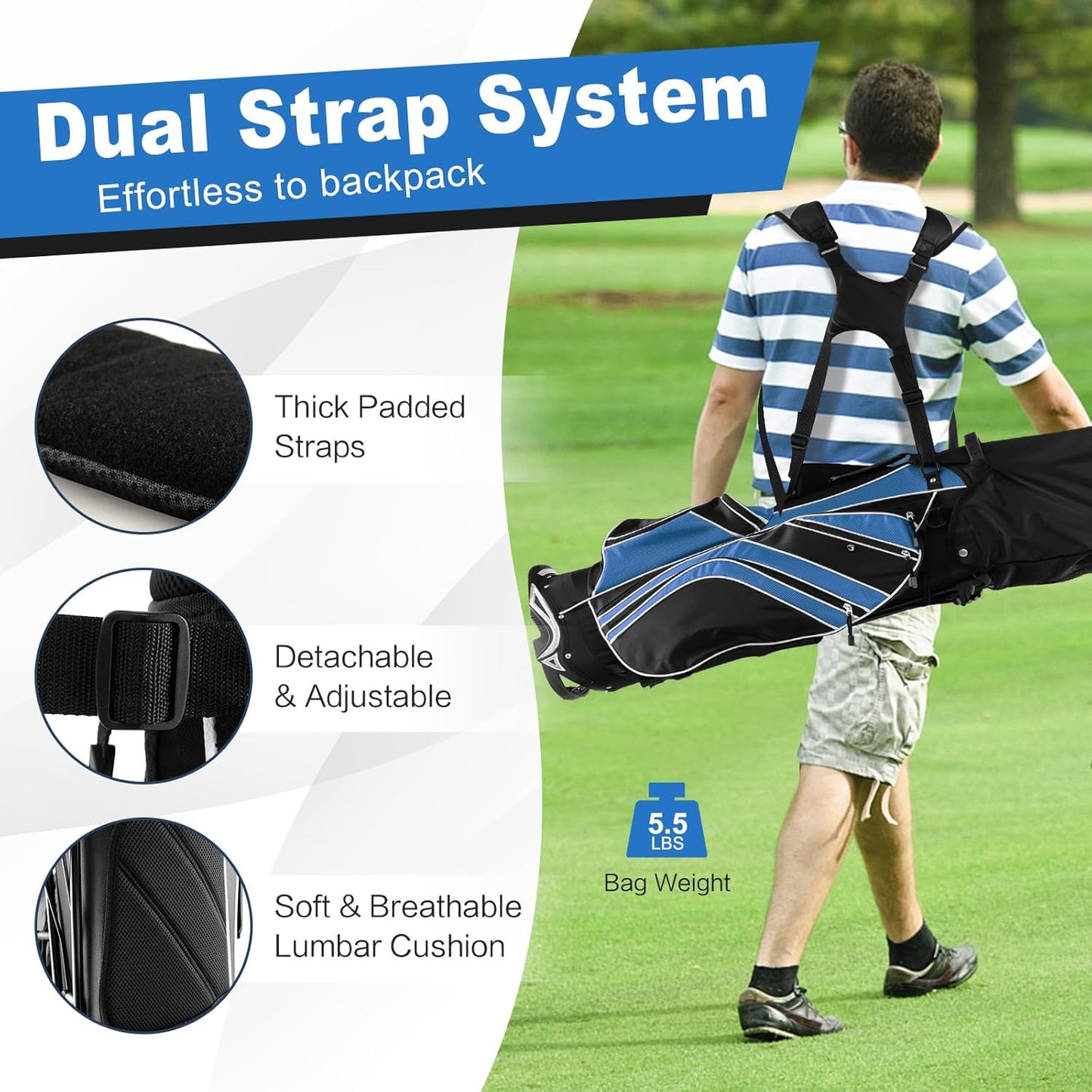 Golf Stand Bag, 6 Way Divider Golf Club Bag with 8 Pockets, Rain Hood, Umbrella Holder & Glove Sticker, Portable Lightweight Golf Bag for Men Women