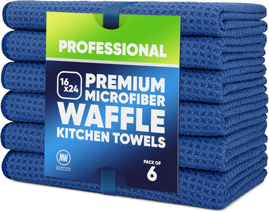 Kitchen Towels - Microfiber Waffle Weave Towels | Blue | 16 X 24 In. (6 Pack) | Absorbent, No Lint, Thick, Reusable, Commercial, Soft, Hand, Tea, Glass, Bar, Sublimation Blank, Polyester Cloths