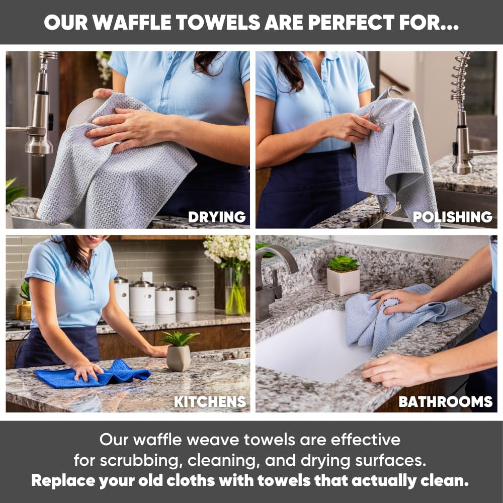 Kitchen Towels - Microfiber Waffle Weave Towels | Blue | 16 X 24 In. (6 Pack) | Absorbent, No Lint, Thick, Reusable, Commercial, Soft, Hand, Tea, Glass, Bar, Sublimation Blank, Polyester Cloths