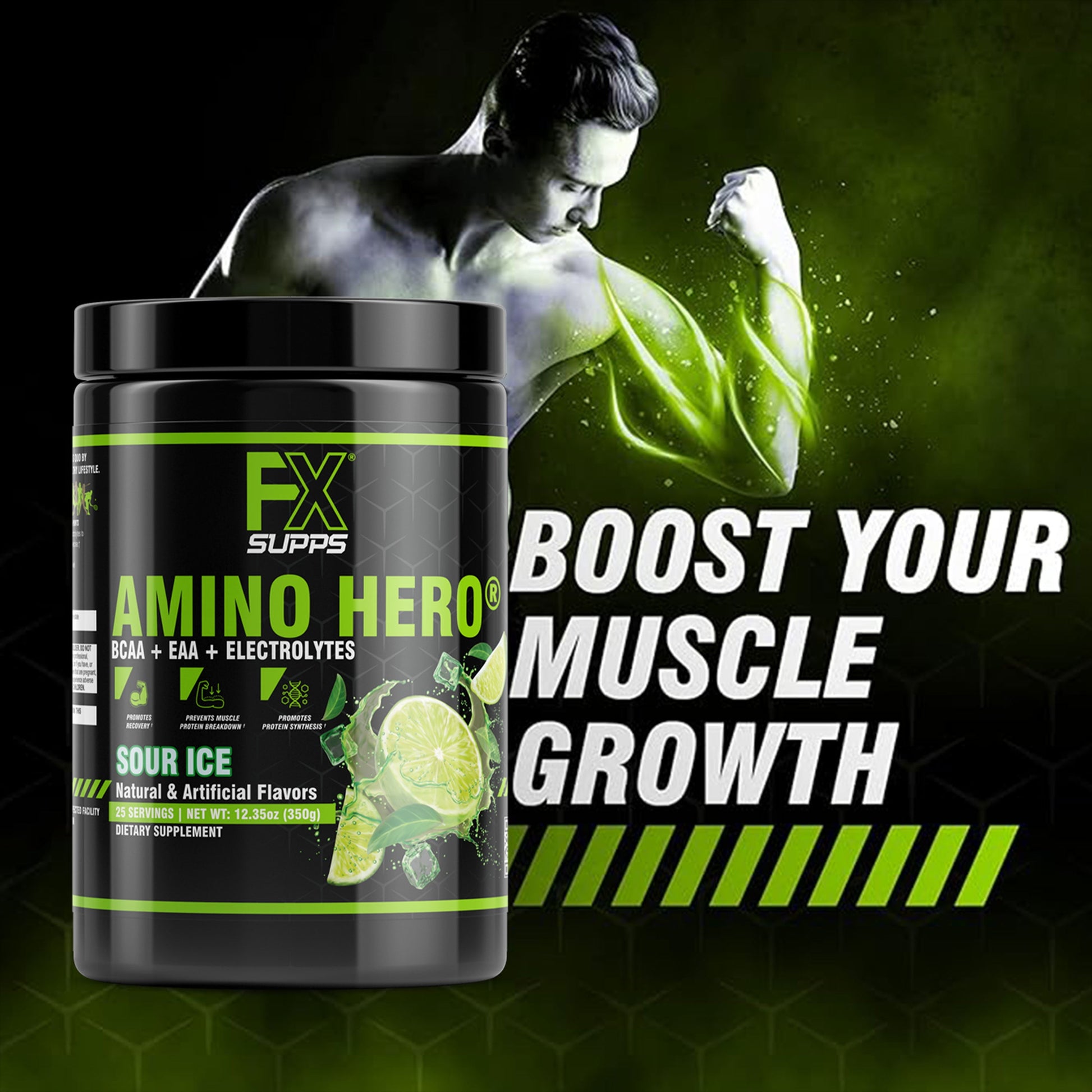 FX Supps Amino Hero BCAA Amino Acids Intra-Workout Powder, Sour Ice (Lemon Lime), 25 Servings