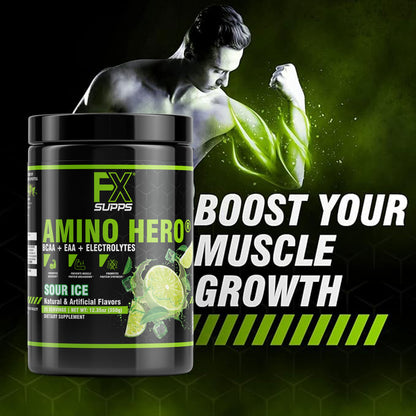 FX Supps Amino Hero BCAA Amino Acids Intra-Workout Powder, Sour Ice (Lemon Lime), 25 Servings