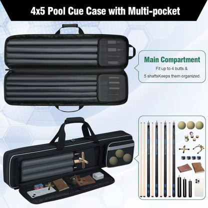 Pool Cue Case 4X5, Soft Padded with Multi-Pocket for 4 Butts and 5 Shafts, Pool Stick Case with Shoulder Straps for Pool Cue