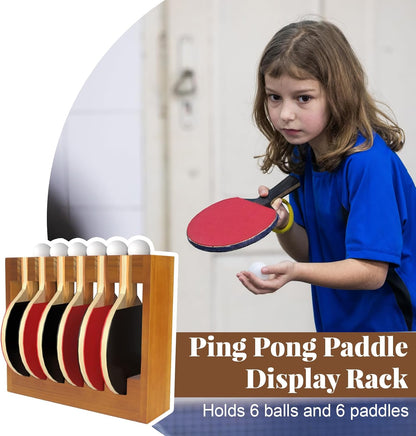Ping Pong Paddle Holder - Table Tennis Racket Display Wall Mount Storage Rack Holds 6 Paddles and Balls - Accessories Organizer for Bar Room, Game Room, Office, Garage