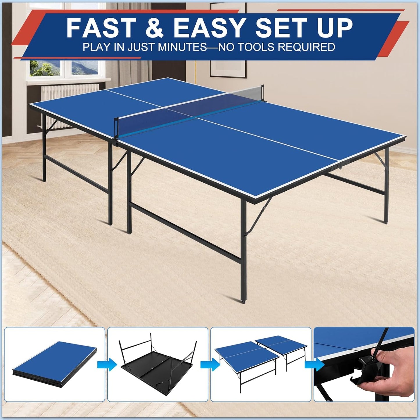 Ping Pong Table Set for Outdoor and Indoor, 9FT Foldable Table Tennis Table with Net, 2 Paddles, 2 Balls, Steel Outdoor Ping Pong Net Set & Frame, Multi Use Conference Table Dining Table