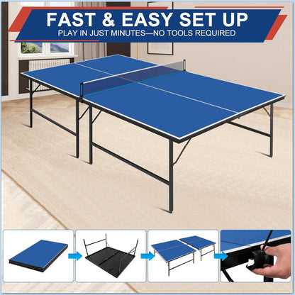 Ping Pong Table Set for Outdoor and Indoor, 9FT Foldable Table Tennis Table with Net, 2 Paddles, 2 Balls, Steel Outdoor Ping Pong Net Set & Frame, Multi Use Conference Table Dining Table