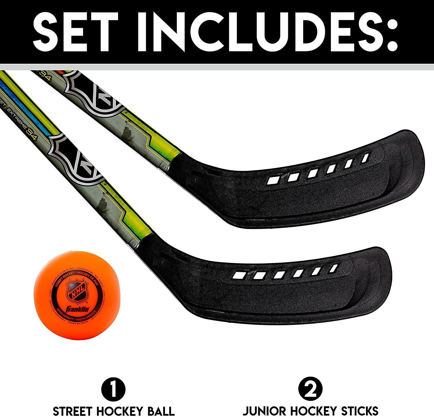 Franklin Sports Youth Street Hockey Set Includes 2 Hockey Sticks and 1 Ball