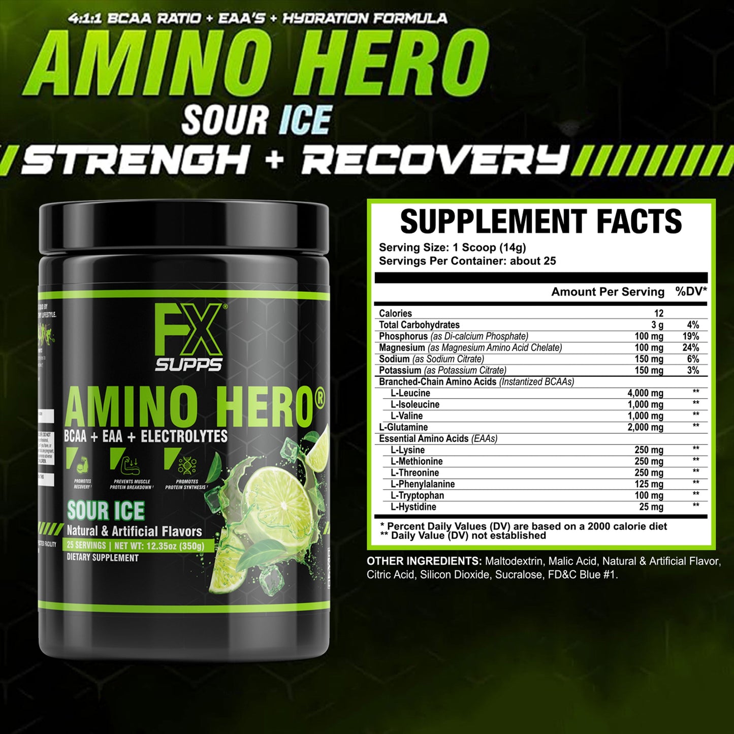 FX Supps Amino Hero BCAA Amino Acids Intra-Workout Powder, Sour Ice (Lemon Lime), 25 Servings