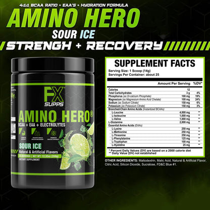 FX Supps Amino Hero BCAA Amino Acids Intra-Workout Powder, Sour Ice (Lemon Lime), 25 Servings