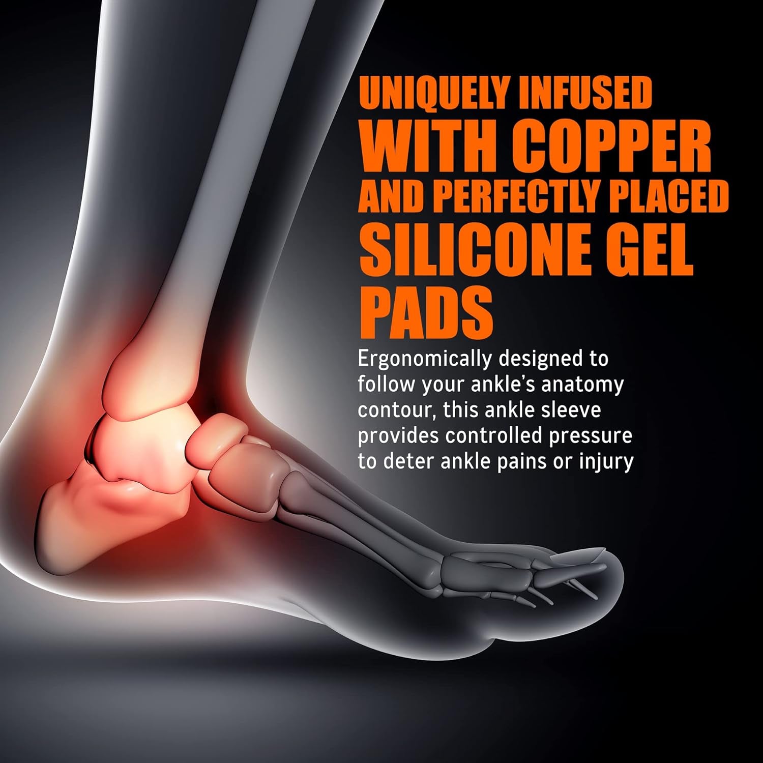 Copper Infused Ankle Brace Silicone Gel Ankle Support Compression Sleeves for Pain Relief, Plantar Fasciitis, Achilles Tendonitis, Large, 1 Pair